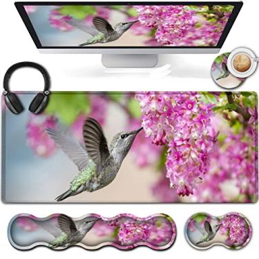 Imagem de Mouse pad estendido para jogos 80 x 31,8 cm, suporte ergonômico para descanso de pulso, para laptop doméstico, escritório, mesa com base antiderrapante, beija-flor e flores, mouse pad grande