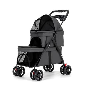 Imagem de YYW Carrinho de bebê duplo para gatos e cães pequenos, carrinho de passeio dobrável com 2 carruagens, suporte de copo e rodas com trava, ideal para famílias com vários animais de estimação (preto)