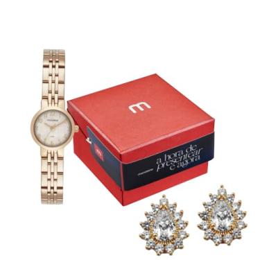 Imagem de Mondaine Kit Relógio Feminino Dourado com Brincos de cristais