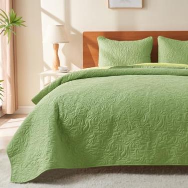 Imagem de JYHOPE Conjunto de edredom solteiro, verde grama, leve, para o verão, macio e respirável para todas as estações, resistente a manchas, estilo boêmio, 1 colcha e 2 fronhas