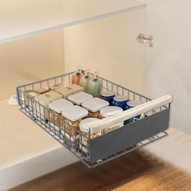 Imagem de Organizador de armário de puxar – Gavetas sem furadeira para armários com alça – Prateleira de armazenamento deslizante embaixo da pia – 39,4 cm P x 23,5 cm L Prateleiras de despensa para armários de