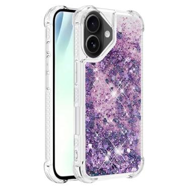 Imagem de Capa de telefone à prova de choque para iPhone 17 com glitter líquido de areia movediça e corações flutuantes, capa de TPU de camada dupla reforçada com 4 cantos, protetor de telefone seguro
