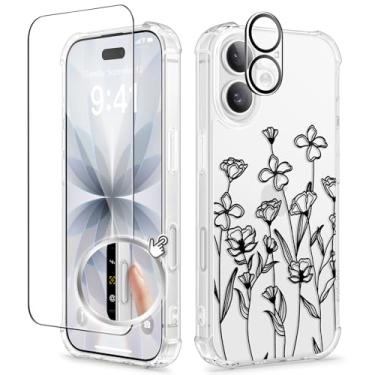 Imagem de GVIEWIN Capa para iPhone 17, com protetor de tela + protetor de lente da câmera, [não amarela] Capa protetora feminina transparente floral fina à prova de choque rígida PC traseira para iPhone 17 de
