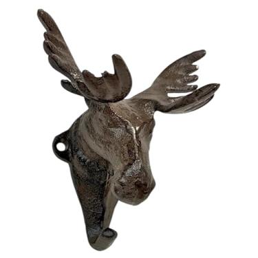 Imagem de The Bridge Collection Gancho de parede de alce de ferro fundido - Detalhe de parede de cabeça de alce resistente para chaves, casacos ou toalhas - Gancho estilo cabine e decoração de parede inspirada