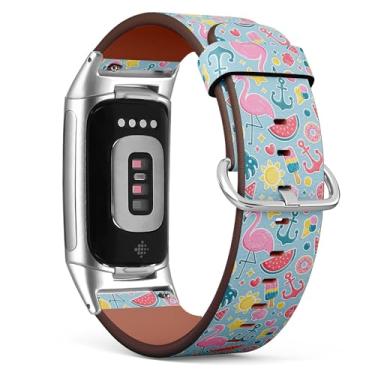Imagem de MRAKPLGE Pulseira de relógio, estampa Summer Beach, compatível com Fitbit Charge 6/Fitbit Charge 5, pulseira de couro vegano de substituição, pulseira, pulseira para homens e mulheres