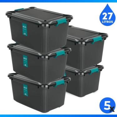 Imagem de kit 5 Caixa de Armazenamento com Trava- 27L Preta ,Organizador Multius