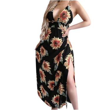 Imagem de Vestido longo feminino verão sem mangas estampa de flores moda estilin