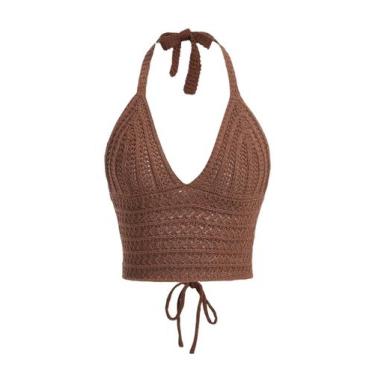 Imagem de Blusa Crop Halter LOFAAC Sexy Hollow Out Crochet feminina marrom