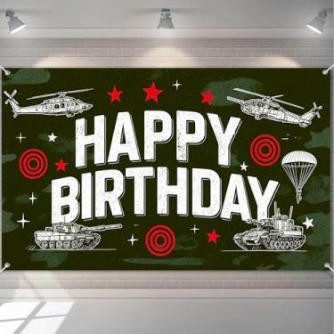 Imagem de HOMETITUTE Banner de feliz aniversário com tema militar com helicópteros, tanques, paraquedas e alvos, decoração de aniversário, faixa para homens, meninos, festival do exército, cenário interno e
