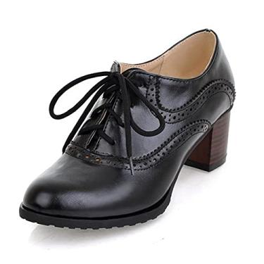 Imagem de Sapato social feminino de couro vintage Oxfords Brogues com cadarço, salto médio, bico redondo, 2, preto, 39