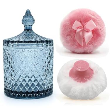Imagem de Recipiente de pó de vidro luxuoso de 10 cm com 2 puffs de pelúcia | Organizador não selado para pó corporal e maquiagem | Aplicador de pó solto com armazenamento (cilindro pontiagudo - cinza azul e