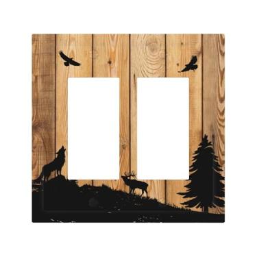 Imagem de Retro rústico lobo veado floresta madeira marrom 2 gangues duplo GFCI Rocker/Decorator placa de cobertura decorativa placas de parede placa elétrica para quarto banheiro decoração de casa 12,4 cm x