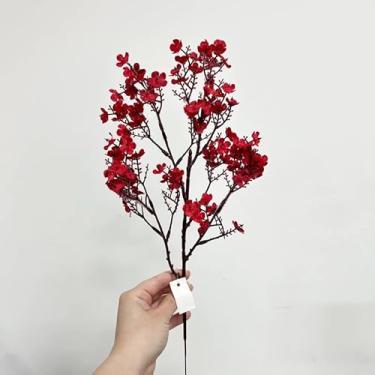 Imagem de Ramo de Flores de Cerejeira Artificial 35cm Buquê de Seda Para Decoração Casamento Festa Arranjos Florais(Vermelho,2)