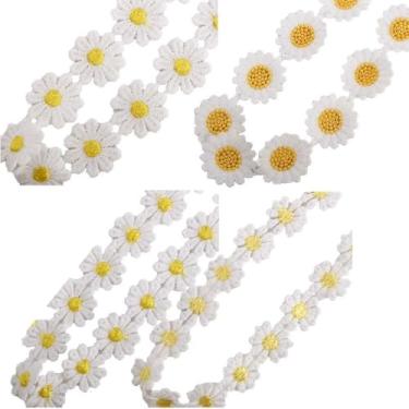 Imagem de Pokinge 4 peças de fita de renda com flores 3D bordadas brancas margaridas tecido renda vestido colarinho chapéus decoração decoração costura DIY artesanato (quatro tamanhos)