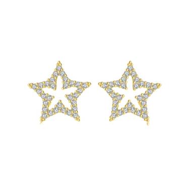 Imagem de Efashion Brincos femininos de estrela de cinco pontas vazadas de zircão micro-incrustado simples prata 925, Small, Ouro amarelo, Zircônia cúbica