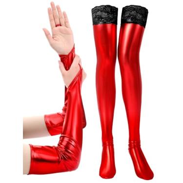 Imagem de Bencailor O conjunto de fantasia feminina de visual molhado inclui luvas longas sem dedos, meias até a coxa com renda para cosplay, Vermelho, Small-Medium
