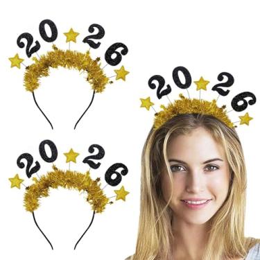 Imagem de 2 peças 2023 Happy New Year Star Tiara para mulheres homens crianças, faixa de cabelo dourada com glitter estrela lantejoulas faixa de cabeça para véspera de ano novo, lembrancinha de Natal, adereços festivos para cabine fotográfica e suprimentos de decoração