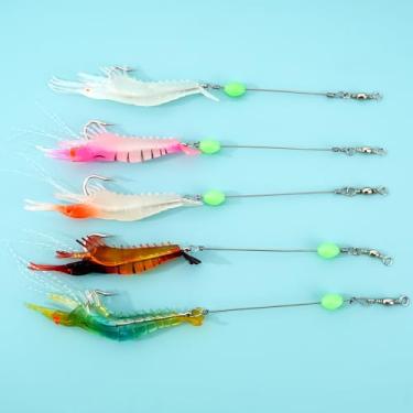 Imagem de 5 peças de iscas de pesca em água salgada, conjunto de iscas de camarão, equipamento macio de pesca de camarão com contas e ganchos afiados, para água doce e salgada