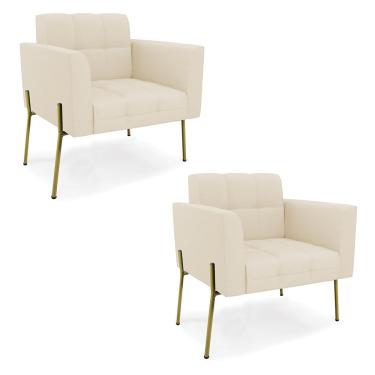 Imagem de Poltrona Pé de Ferro Dourado para Sala Kit 2 Elisa Linho Bege A19 D03 - D'Rossi