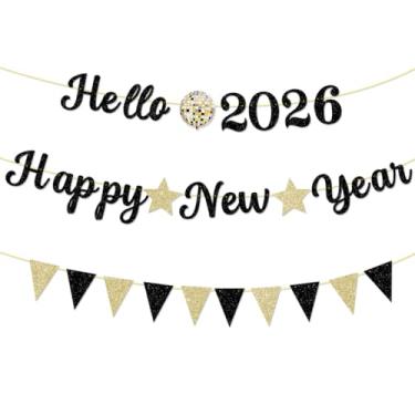 Imagem de Hello 2025 Banner de feliz ano novo, cenário de bandeira de feliz ano novo, decorações de véspera de ano novo, banner de cartolina para decoração de festa, preto, dourado, bandeira com letras com