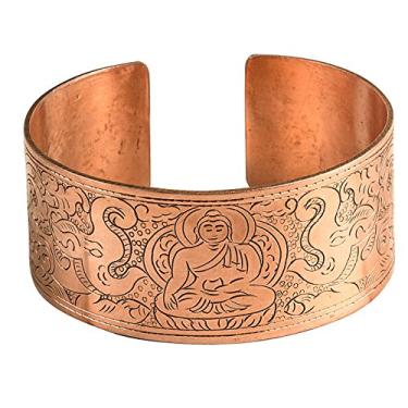 Imagem de Tribe Azure Fair Trade Pulseira martelada com punho largo Buda de cobre, espiritual, boho, hippie, ioga, poder budista, homens e mulheres