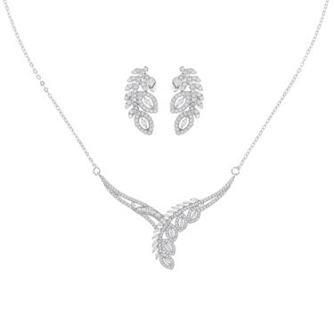 Imagem de Conjunto de joias florais de cristal, colar banhado a prata com pingente de zircônia cúbica, brincos de flor combinando, joias de casamento elegantes, One Size, Zircônia cúbica, Zircônia cúbica