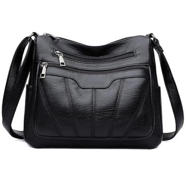 Imagem de Couro Pu Bolsa De Ombro Feminina Moderna Grande De, Bolsa De Mão, Bolsa Transversal, Design Com Vários Bolsos,Grande Capacidade (Preto)