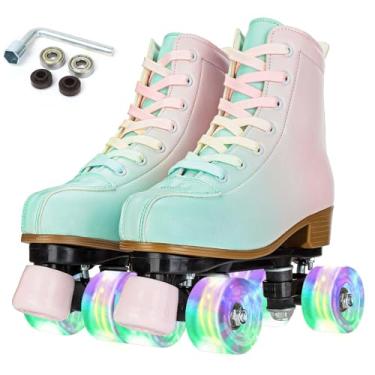 Imagem de YYW Patins femininos de cano alto com duas fileiras para adultos, patins iluminados, patins Derby, poliuretano, quadriciclo, meninas, sapatos para iniciantes, verde, rosa, rodas piscantes 40