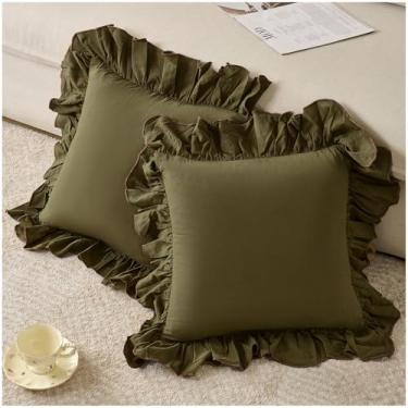 Imagem de Zealax Lindas capas de almofada verde-oliva com babados 45,7 x 45,7 cm, fronhas decorativas de algodão lavado, vintage, capa de almofada para cama, sofá, sala de estar, decoração de fazenda, conjunto