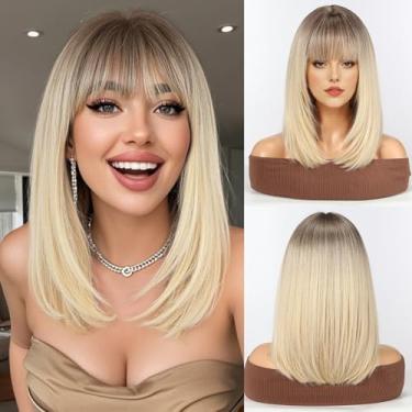 Imagem de HAIRCUBE Peruca Staright com franja sintética de comprimento médio em camadas para mulheres, cor loira