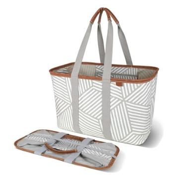 Imagem de CleverMade 30L SnapBasket LUXE - Bolsa de compras durável dobrável reutilizável - Bolsa de compras grande estruturada, cinza geométrico