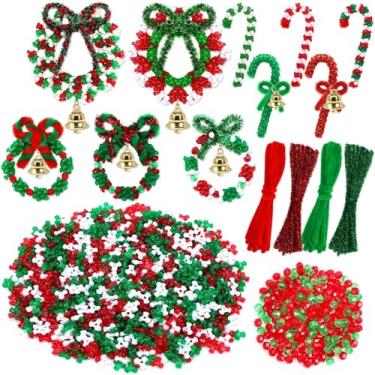 Imagem de UPINS Kit de enfeites de contas de Natal, 2000 peças, contas de plástico, vermelho, verde, branco, limpadores de cachimbo, sinos dourados para pendurar na árvore de Natal, guirlanda de cana, decoração