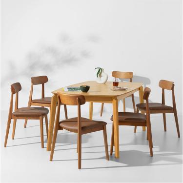 Imagem de Conjunto Mesa de Jantar Lalá Retangular Carvalho Americano - 1,80mx1m + 6 Cadeiras Nord PU - Cognac