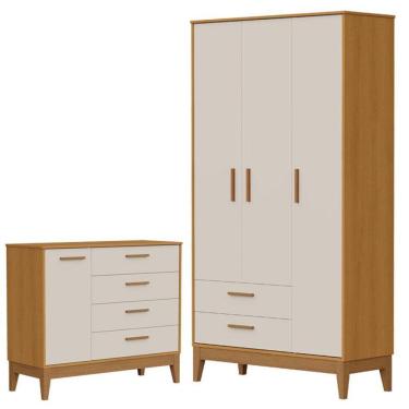 Imagem de Guarda Roupa Infantil Flip 3 Portas Com Cômoda Infantil Sapateira Flip Areia Acetinado Savana - Reller