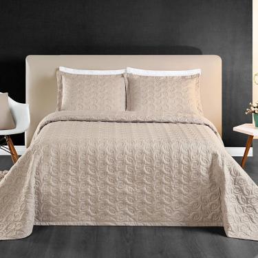 Imagem de Kit Cobre Leito Colcha Tendência Casal 3 Peças Micropercal 200 Fios Bordado Premium - Cáqui