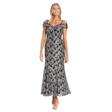 Imagem de R&M Richards Vestido feminino longo de 2 tons com glitter de renda sereia - decote ombro de fora com alças - vestido formal para noite, Castanho-acinzentado/preto, 42