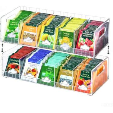 Imagem de Organizador de saquinhos de chá de acrílico com divisórias ajustáveis, suporte de saquinho de chá de 2 camadas empilhável e caixa de armazenamento de parede, compartimentos personalizados para