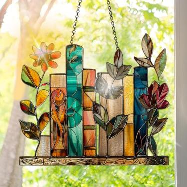 Imagem de Apanhador solar de acrílico colorido, decoração de janela para pendurar livros com design de vitral impresso, apanhador de sol, arte de parede de arco-íris, ornamentos de Natal para uso interno e
