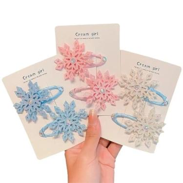 Imagem de Conjunto de grampos de cabelo de floco de neve de Natal, 3 peças de grampos de cabelo de floco de neve de strass azul rosa branco com cartão, acessórios de cabelo feitos à mão para mulheres, presentes