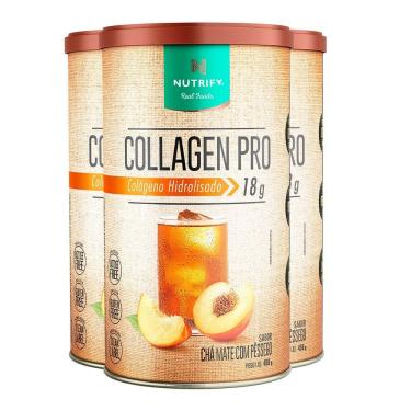 Imagem de Kit 3 Collagen Pro Colágeno Hidrolisado Chá Mate Com Pessêgo Nutrify 450g
