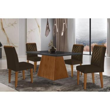 Imagem de Sala De Jantar Completa Luna C- Tampo Madeirado Vidro Canto Curvo 120x80cm E 4 Cadeiras Jade Imbuia-grafite - Suede Marrom - Rufato