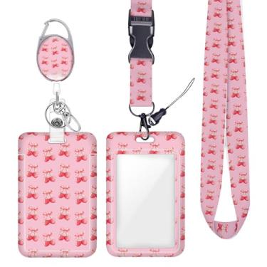 Imagem de Cordão de crachá de identificação de cereja com laço rosa para crachás de identificação, chaveiro protetor vertical, clipes de mosquetão retráteis, cordão de chave resistente para mulheres, meninas