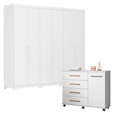Imagem de Cômoda Flora E Guarda Roupa Casal Venice 62480pe Branco Brilho Com Pés - Demóbile