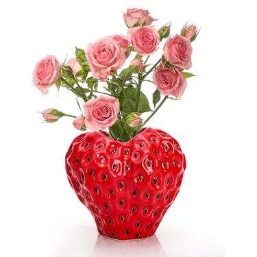 Imagem de DEAYOU Vaso de morango vermelho, pequeno vaso de flores de cerâmica, vaso de frutas decorativo exclusivo para decorações de festa de morango, cozinha, casa, escritório, peça central, decoração