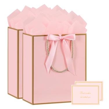 Imagem de YoungTree Saco de presente, 2 sacos de presente grandes com fita e 2 cartões comemorativos, 4 papéis de seda, bolsa de presente de papel portátil com alças, sacolas de presente de aniversário, sacolas