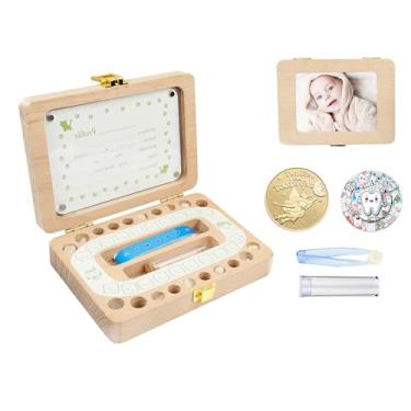 Imagem de Suporte de dente de fada para crianças, caixa de lembrança de bebê de fada para dentes perdidos, caixa de lembrança de cordão umbilical de madeira com moldura de foto, adesivos e moedas, estojo de