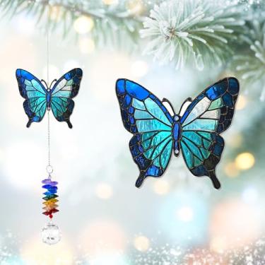 Imagem de GIFTELIX Enfeites de Natal - Presente de aniversário de borboleta azul para família, mulheres, homens - Criador de arco-íris de cristal - Decorações de janela para casa e jardim