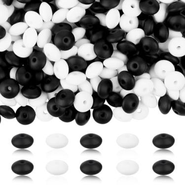 Imagem de 300 peças de contas de lentilha de silicone, contas focais de abaco de silicone preto e branco, contas de silicone a granel para colar, pulseira, acessórios de artesanato DIY