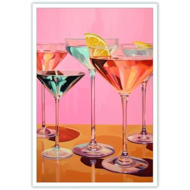 Imagem de Arte de parede em tela de carrinho de bar rosa retrô, pôsteres divertidos de coquetéis de verão, estampas de álcool rosa preppy, decoração estética eclética para bar, sala de jantar, cozinha