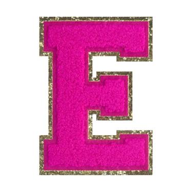 Imagem de 1 PÇ Patch de letra de chenille rosa de 11,4 cm com borda dourada – Remendos do alfabeto para roupas, jaquetas, mochilas, chapéus para decoração personalizada, nome personalizado e artesanato. (E)